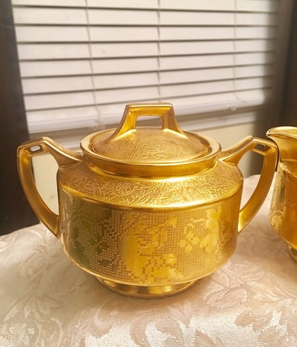 Arzberg Bavaria & D&B Germany Gold Plated Creamer & Sugar Bowl Patterned design