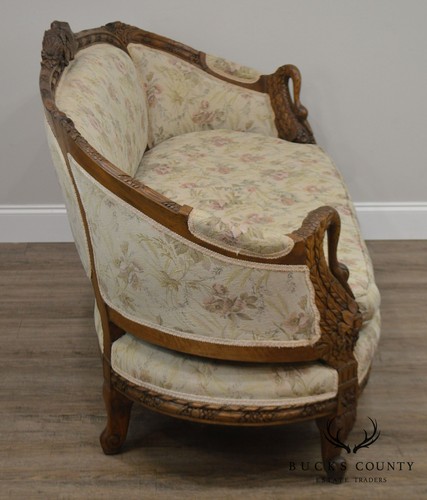 French Louis XV Style Antique Fine Swan Carved Walnut Frame Sofa