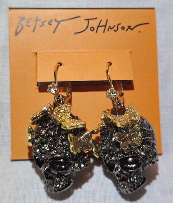 Betsey Johnson Gunmetal Skull Butterfly Earrings