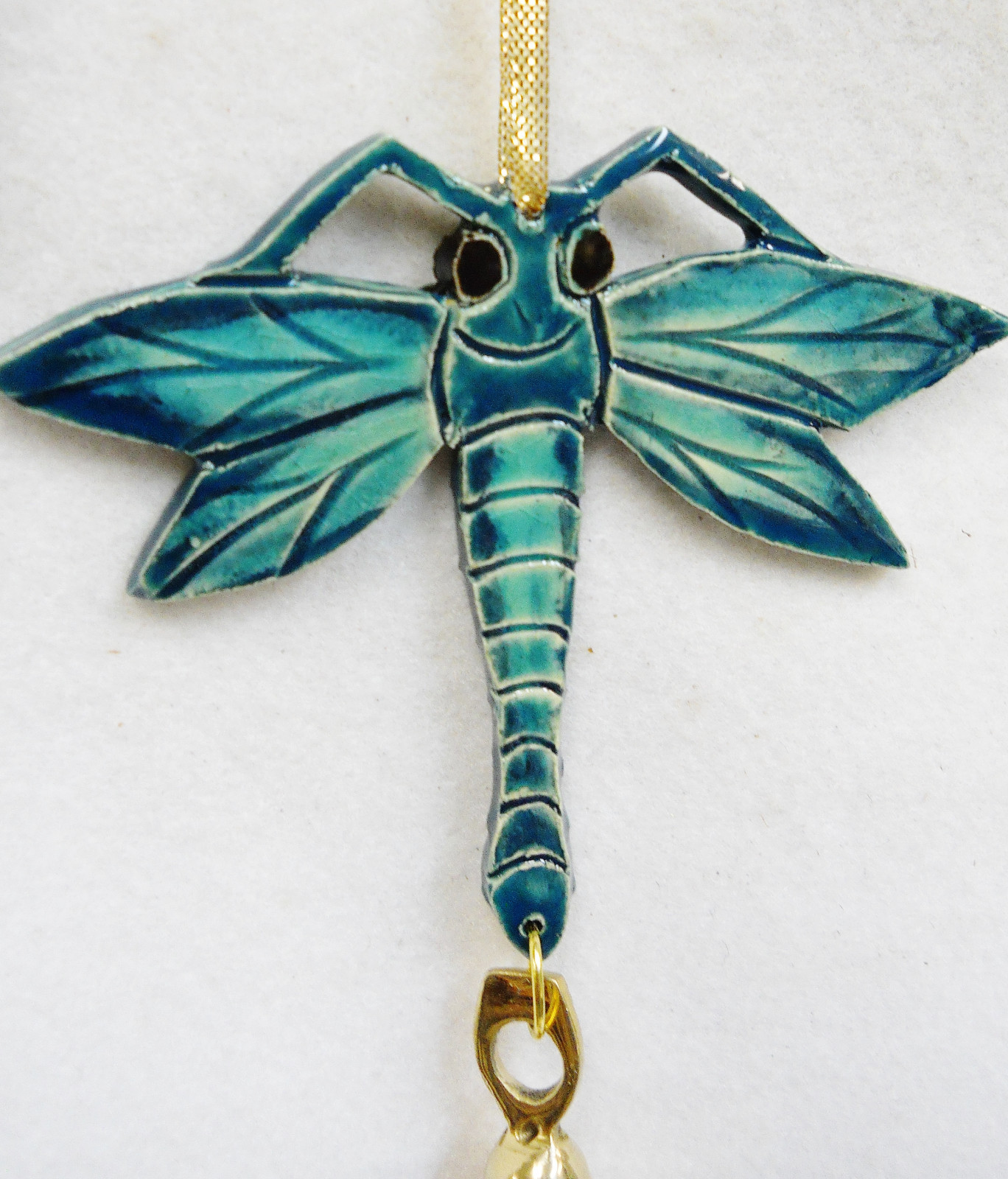 Dragonfly Bell Handmade Ceramic Tile Ornament, Mobile, Suncatcher Teal Blue 6