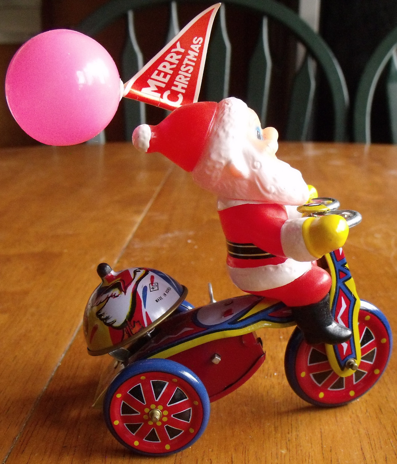 Vintage Tin Wind Up Mechanical Santa Tricycle with Box  Ex Cond