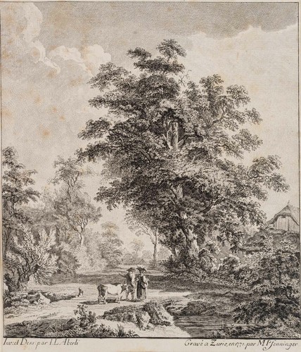 M.PFENNINGER(*1739) nach ABERLI, Bauernpaaar mit Kuh in Landschaft, Kupferstich
