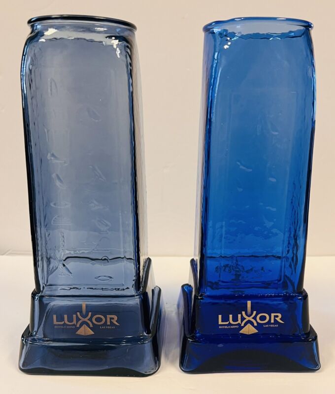 Vintage Luxor Hotel Casino Las Vegas Glass Vase Hieroglyphics Blue (a)