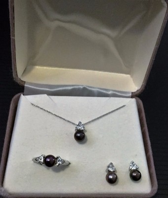 SOLID 10kt 10k Pearl & Topaz Necklace Earrings Ring SET * 3 PIECE SET