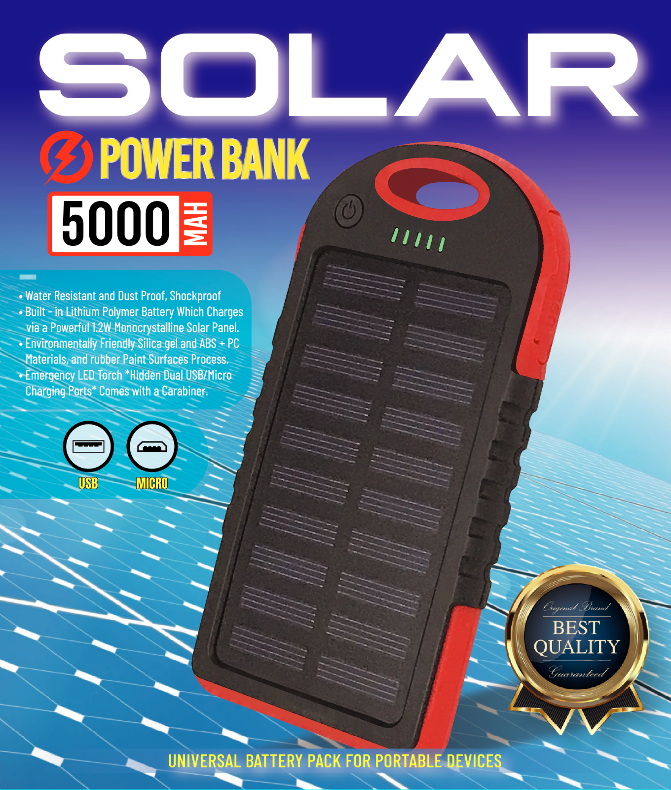 Super 5000mAh USB Portable Charger Solar Power Bank for iPho