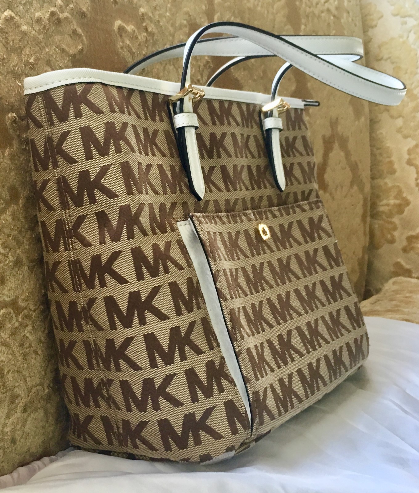 Michael Kors トートバッグ ホワイト/ブラウン New Michel Kors MK Logo print Bag Brown Tote White Trim Gold