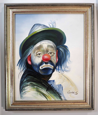 Original Art Painting Sad Clown by Garros Professionally Framed Paris 1980 12x10