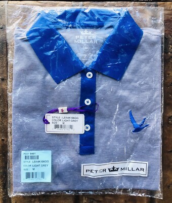 NEW Peter Millar Grey Goose Golf Polo Shirt Women Sz M Light Gray Stripe Blue