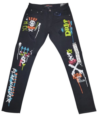 

Мужские черные брюки с графическим принтом и медными заклепками, Черный