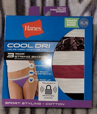 HANES~Women's Tagless String Bikinis Size 8 XL~3 Pairs COOL DRI~Floral~Black