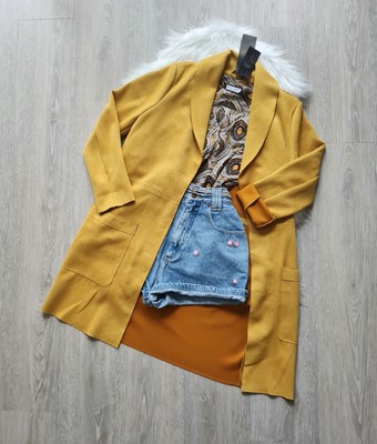 Senfgelber Mantel longblazer faux suede coat Wildlederoptik 36 s