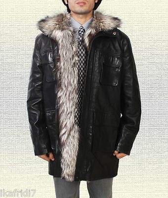 Pre-owned Handmade Men Fashion Silver Fox Fur  Sheep Leather Jacket Black S-5xl Sizes