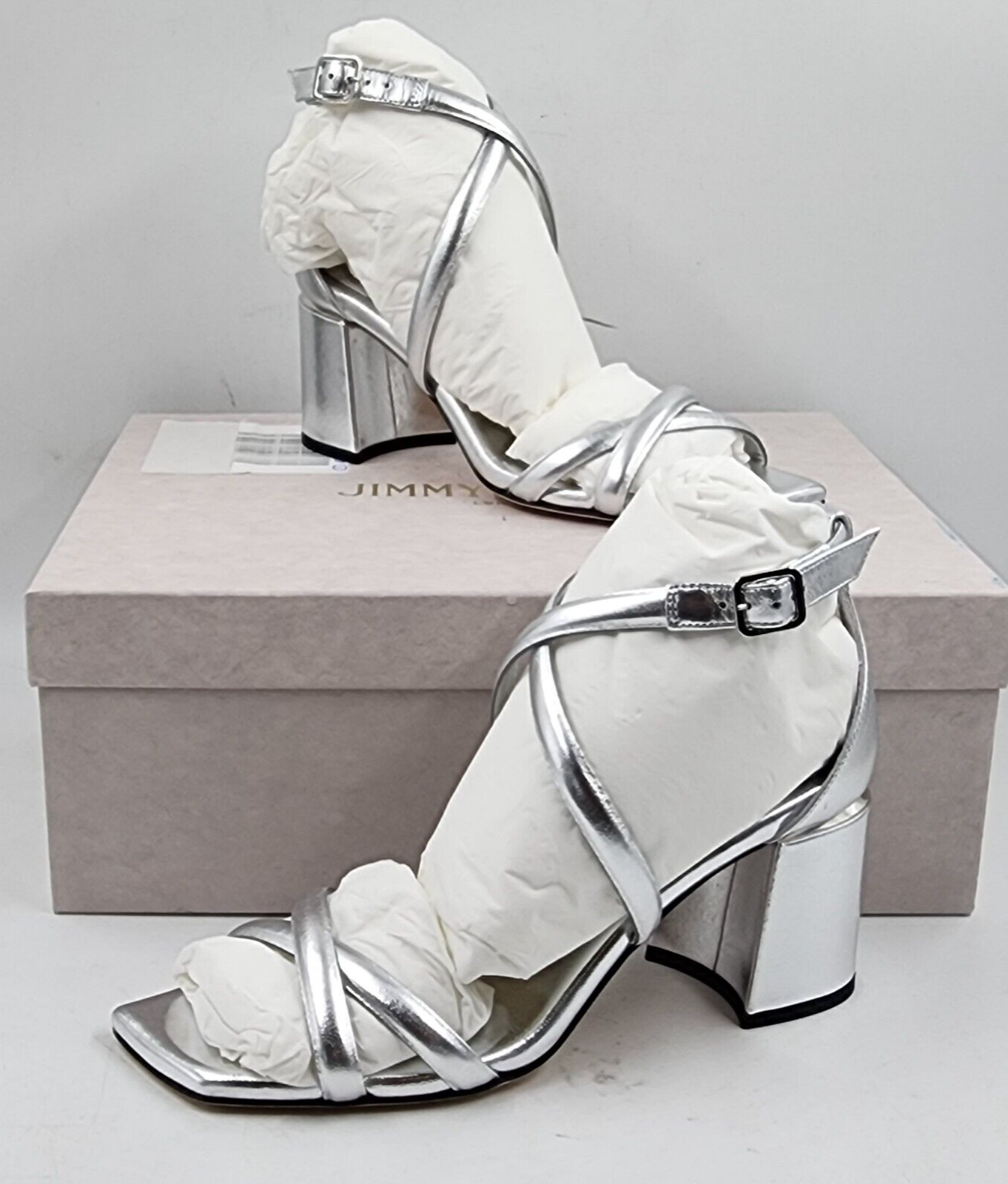 Pre-owned Jimmy Choo Rheea 65 Block Heel Sandals 36/6us Silver Open Toe Buckle Closure