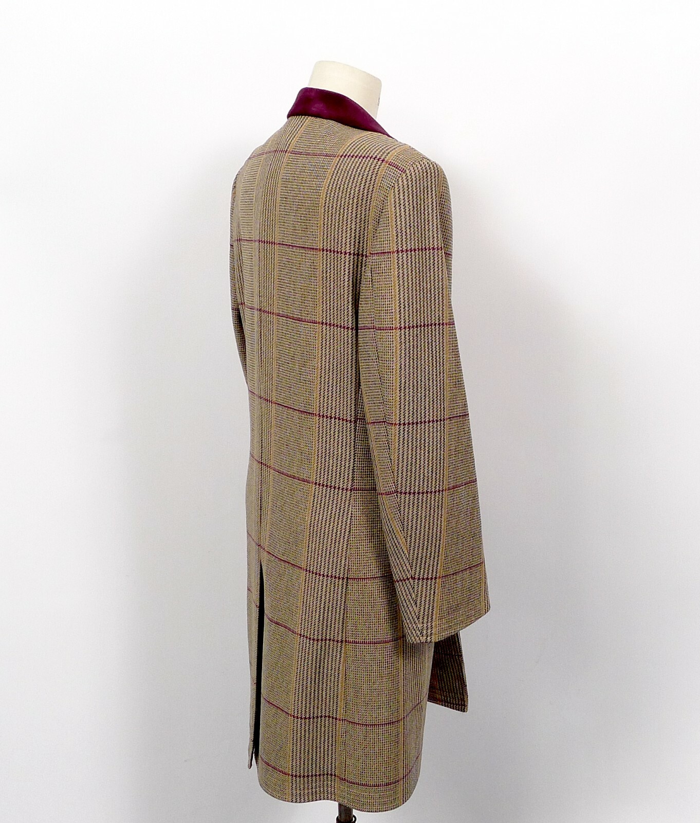 Pre-owned Crombie Top Coat Glen Check Burgundy Velvet Collar 40r Retail $1098 In Red