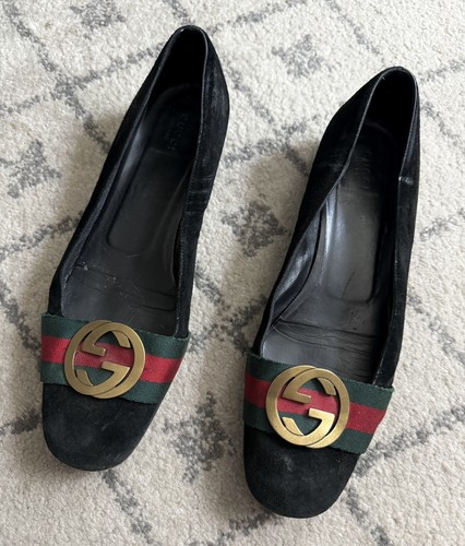 GUCCI Vintage Flats - Black w. Gold Logo - Size 9.5 | eBay
