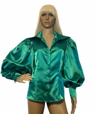 Pre-owned Handmade Victorian Satin Blouse With Hiden Front Buttons In Irish Green