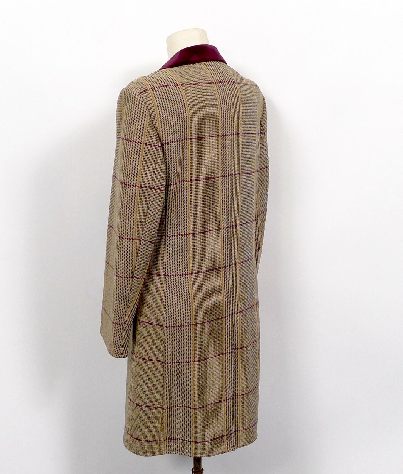 Pre-owned Crombie Top Coat Glen Check Burgundy Velvet Collar 40r Retail $1098 In Red