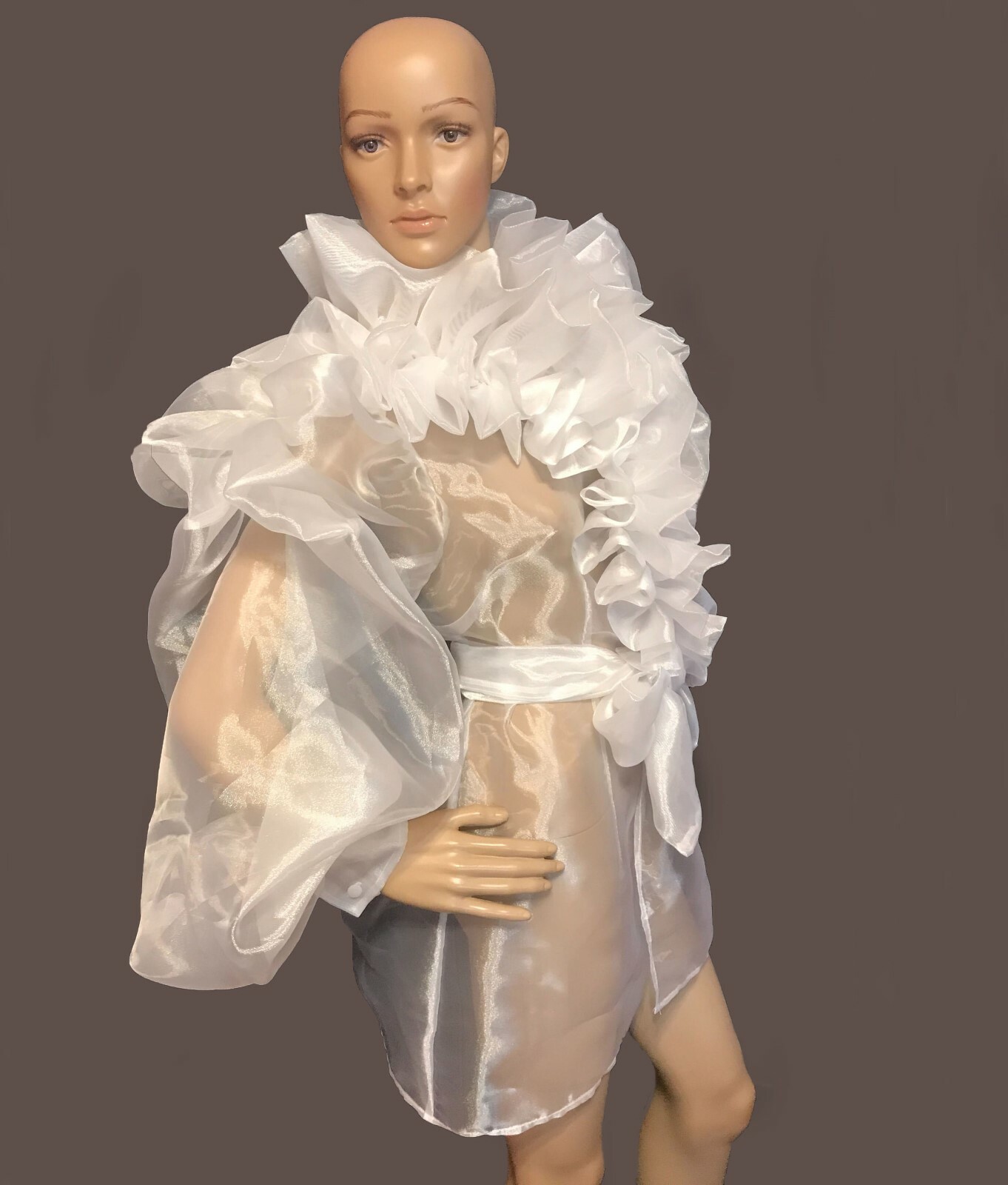 Pre-owned Handmade Ruffled Organza Transparent Trench Coat Jacket In White
