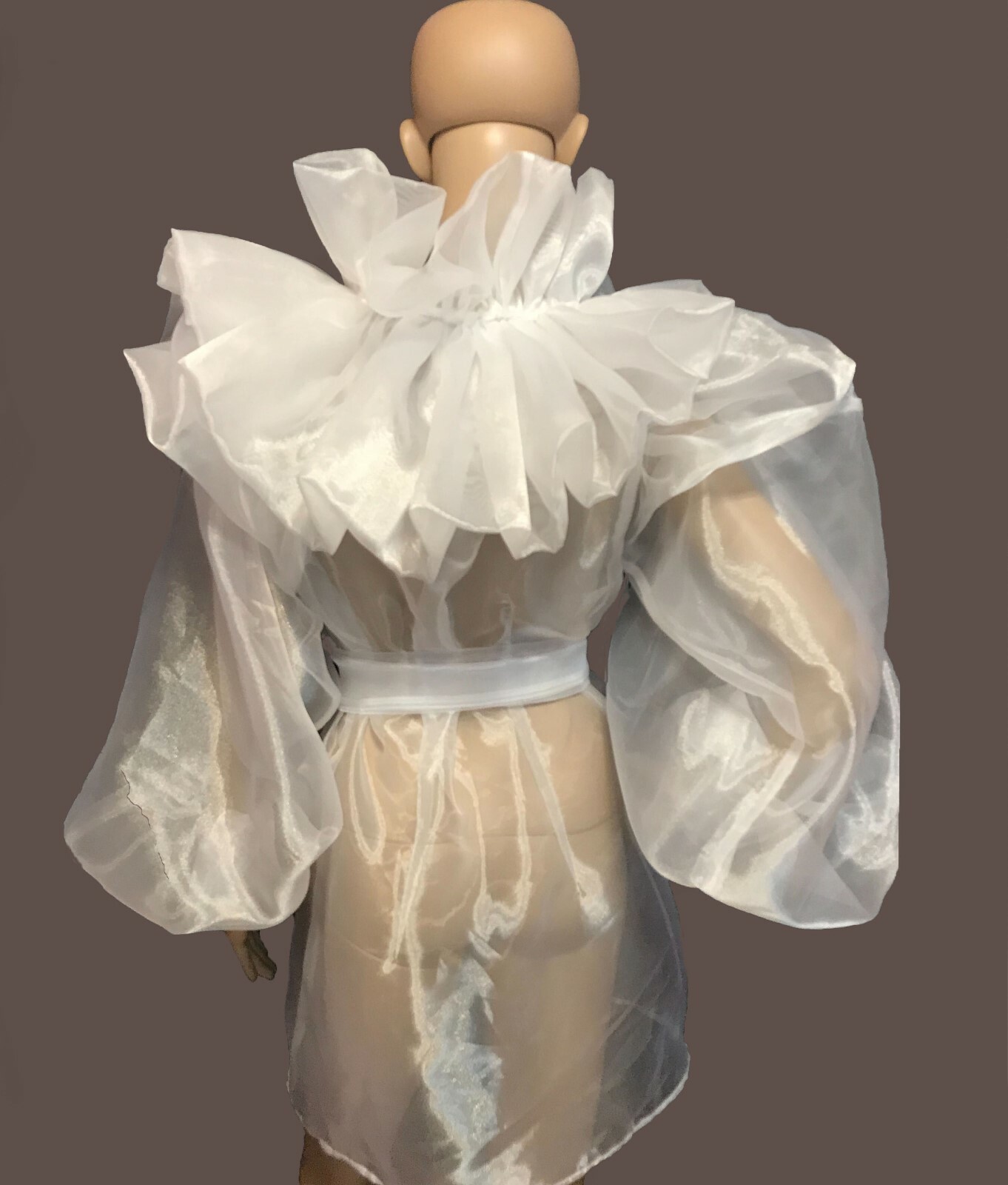 Pre-owned Handmade Ruffled Organza Transparent Trench Coat Jacket In White