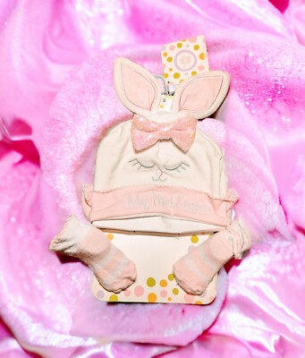 MY FIRST EASTER Bunny Knit Hat & Bootie Set 0-12 Months Pink SPARKLY Bow Girl's 