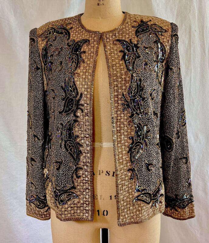 Vintage Adrianna Papell Gold Sequin Jacket Embellished Disco Burning Man 1980s
