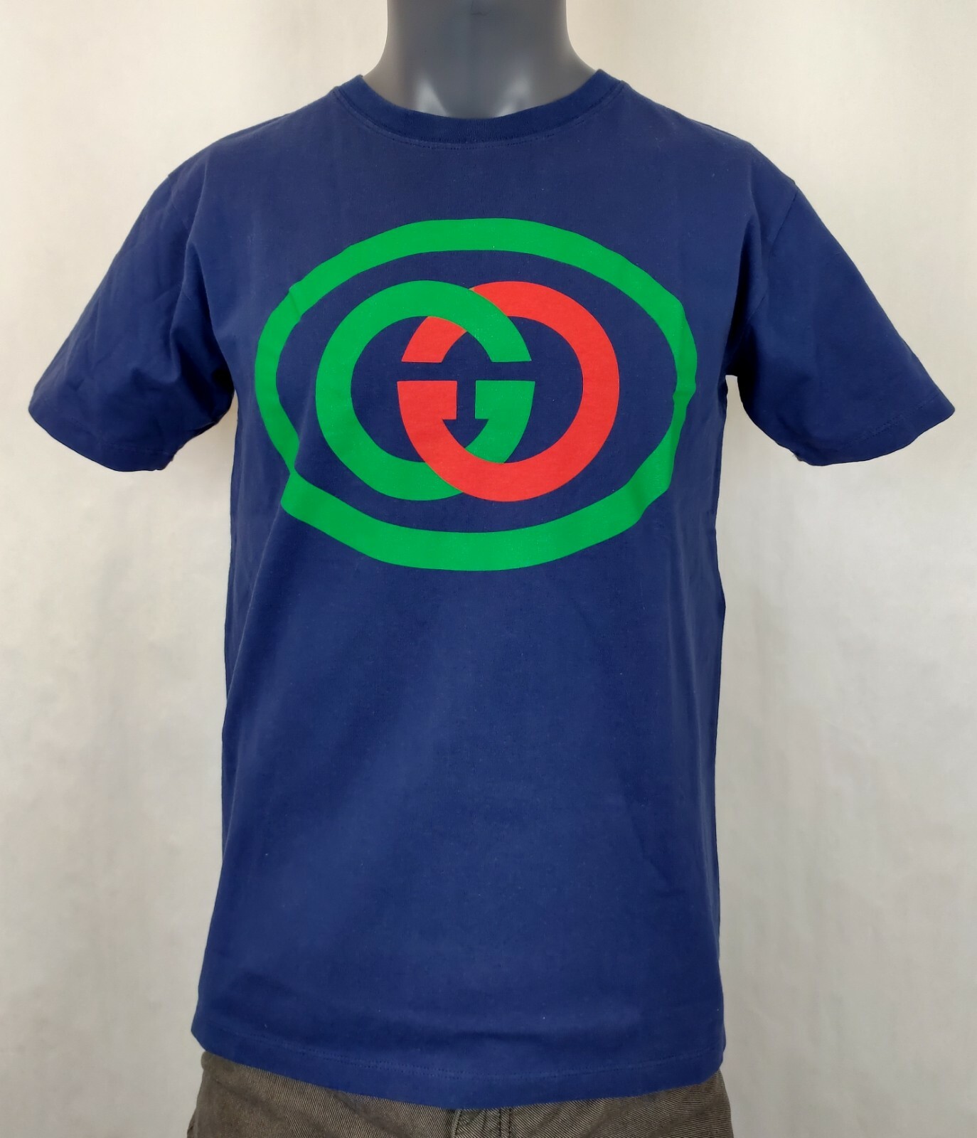 GUCCITシャツＬ Gucci Men's Dark Blue Cotton GR GG Graphic Short Sleeve T