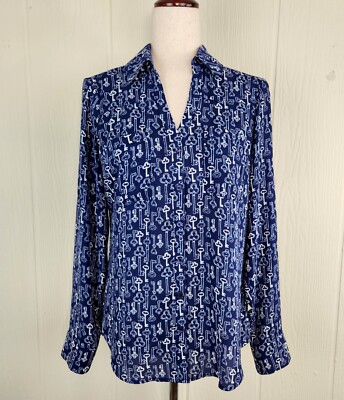Express The Portofino Shirt Women's Small Blue Skeleton Keys Roll Tab Sleeve