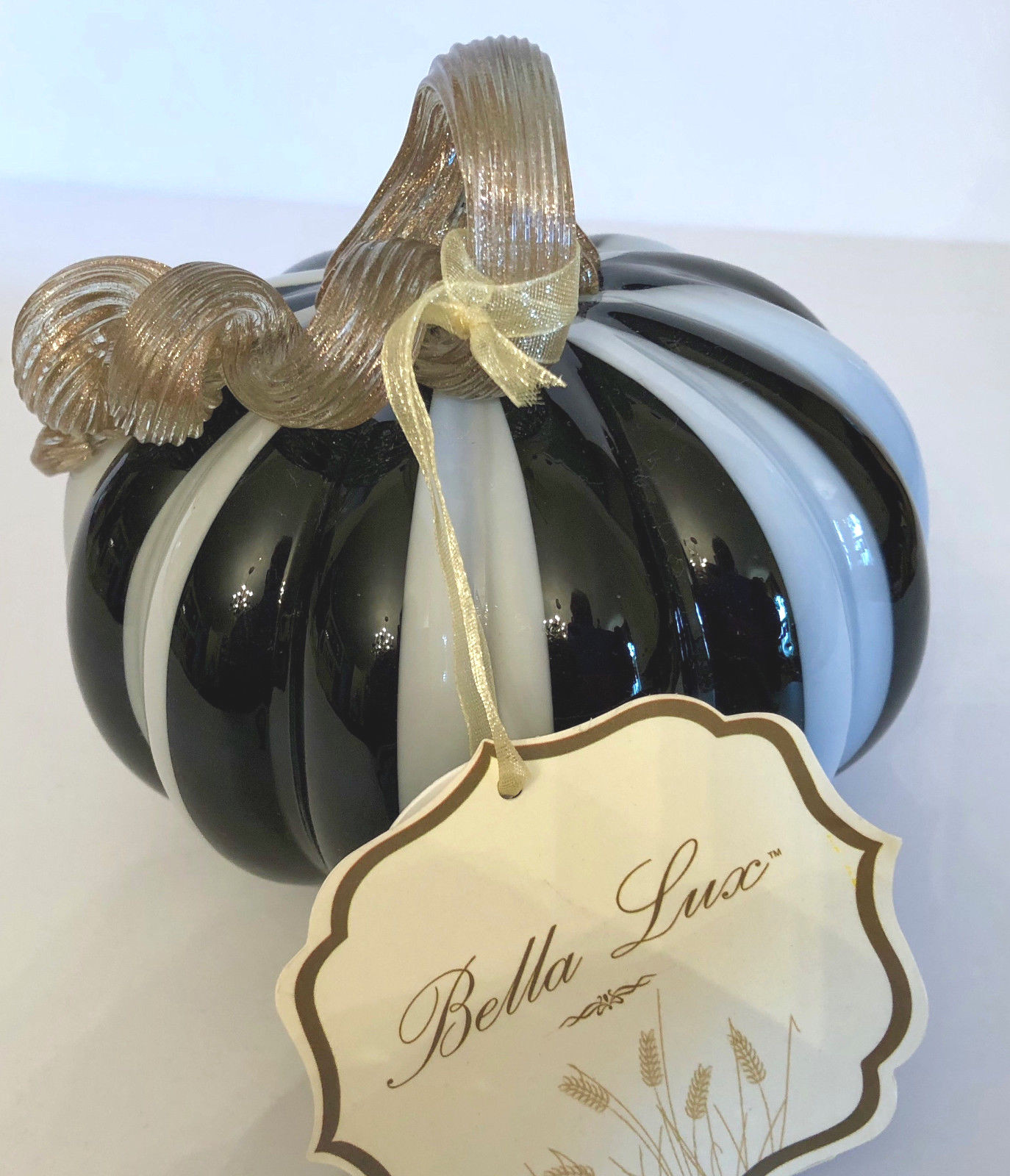 Bella Lux HALLOWEEN BLACK & WHITE HAND BLOWN ART GLASS PUMPKIN.  5