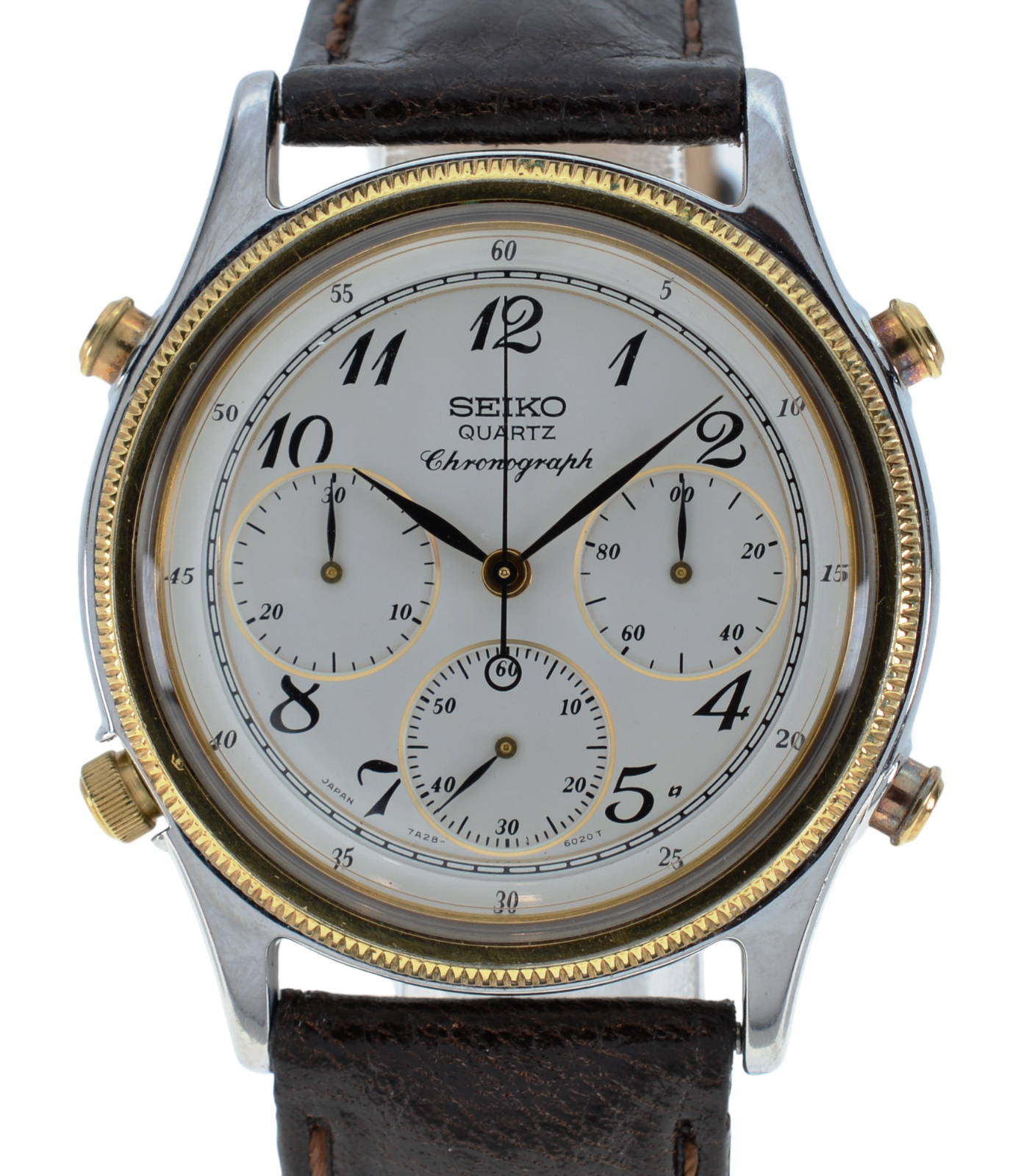 Chronographe à quartz homme Seiko années 1980 plaqué or cuir réf : 7A28-6020 ! Chronographe à quartz homme Seiko années 1980 plaqué or cuir réf : 7A28-6020 !