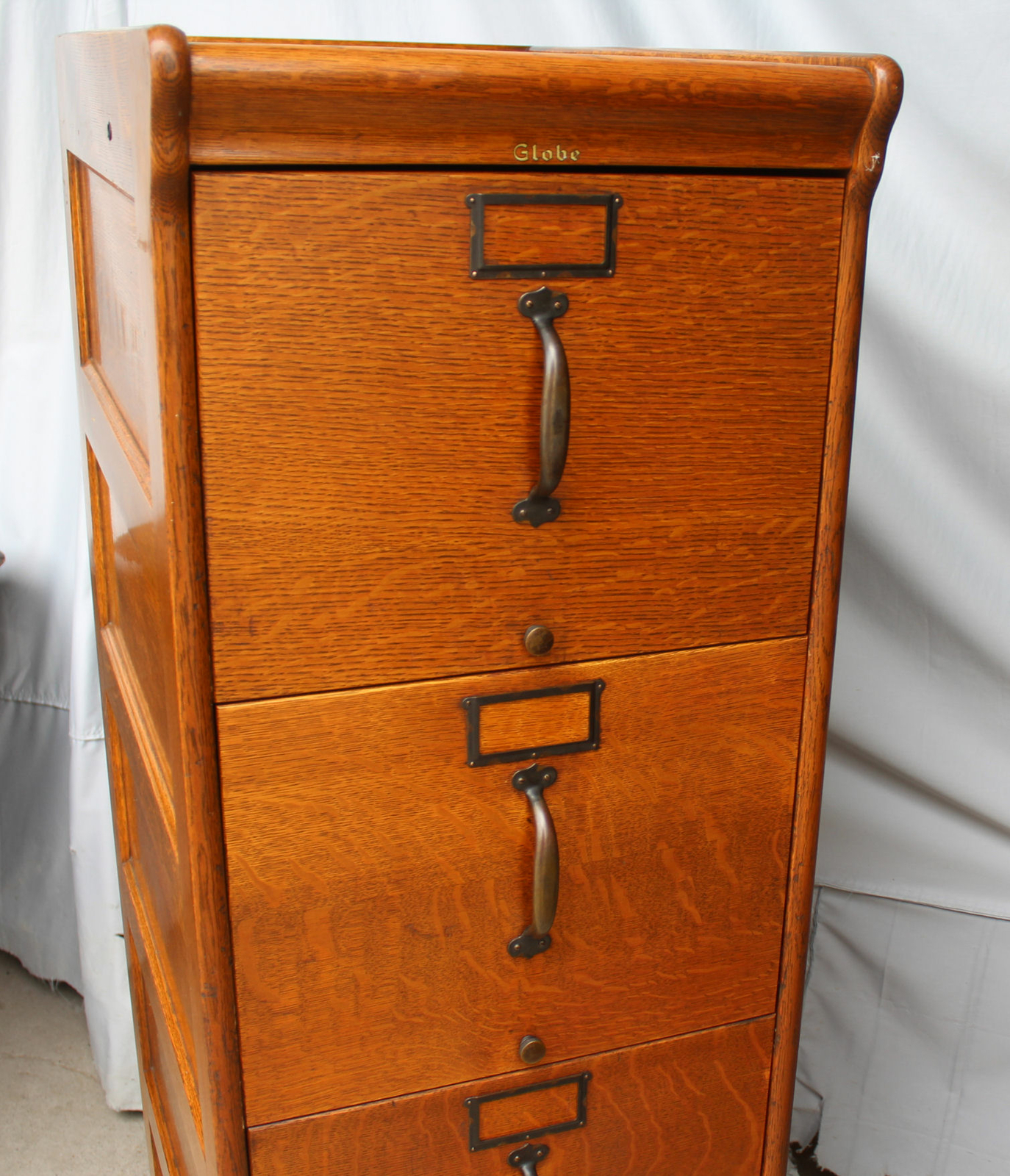 Antique Oak Four Drawer Globe Filing File Cabinet – original finish