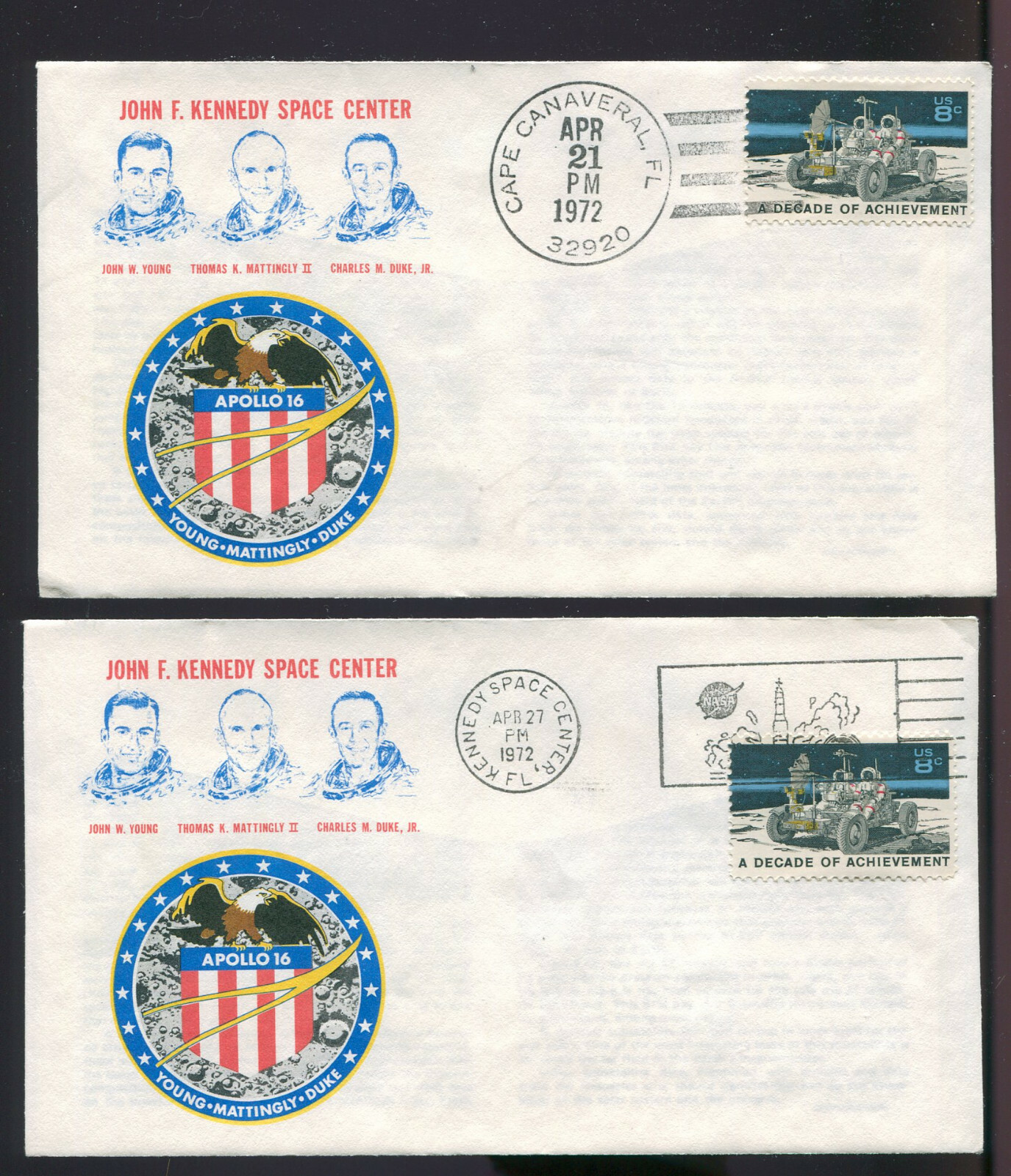 Nice Set of 4 Apollo 16 Moon Landing Covers w/ Patch Cachets & Profiles FD6468