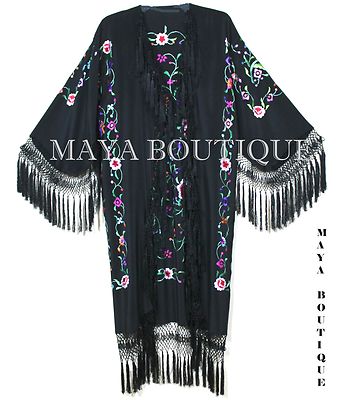 Pre-owned Maya Matazaro Embroidered Silk Fringe Jacket Flamenco Kimono Black & Multi