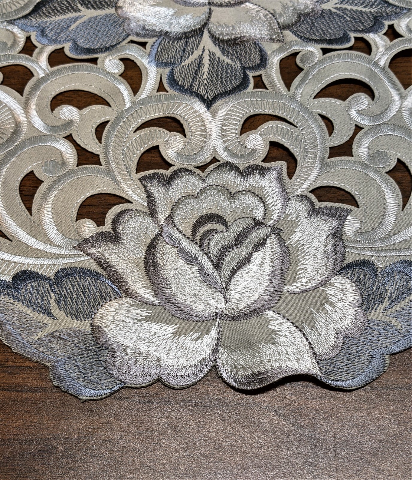 Doily Boutique Table Runner, Dresser Scarf,or Doily with Silver Gray Roses