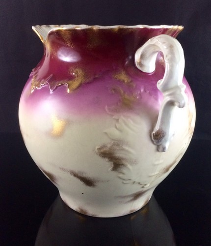 ANTIQUE MARKED HAND PAINTED HANDLED PINK GOLD PORCELAIN VASE