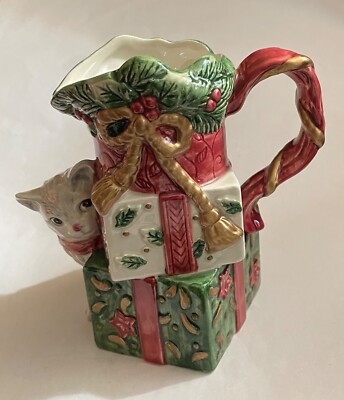 FITZ AND FLOYD Holiday Christmas 1995 Kitty Cat & Presents Creamer MINT/BOX