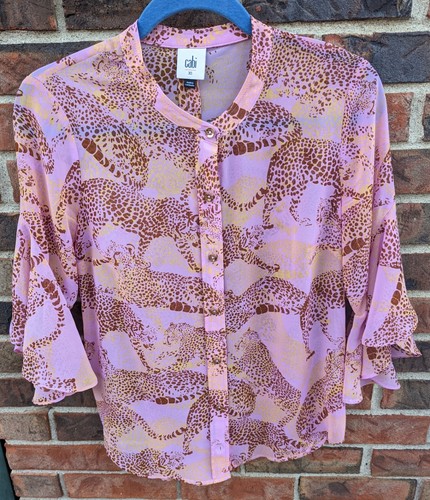 Cabi Pink Linx Leopard Flutter Sleeve Blouse XS #5711 sheer