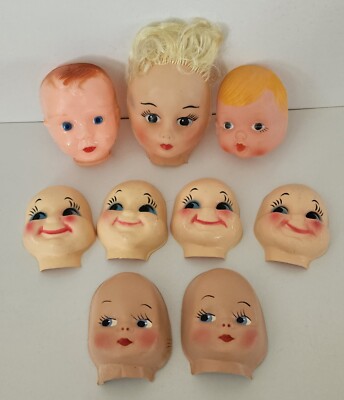 VTG '50s Doll Faces. Soft & Hard Plastic & Cloth Molded. Baby & Girl. Lot of 9. 