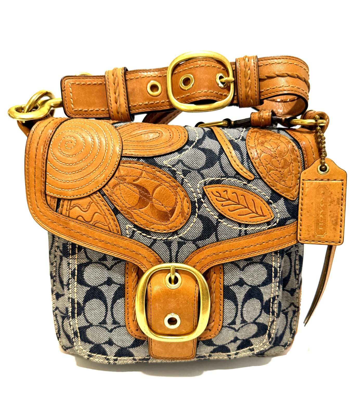 RARE Coach Ltd Ed Bleecker Floral Denim C Whiskey Leather
