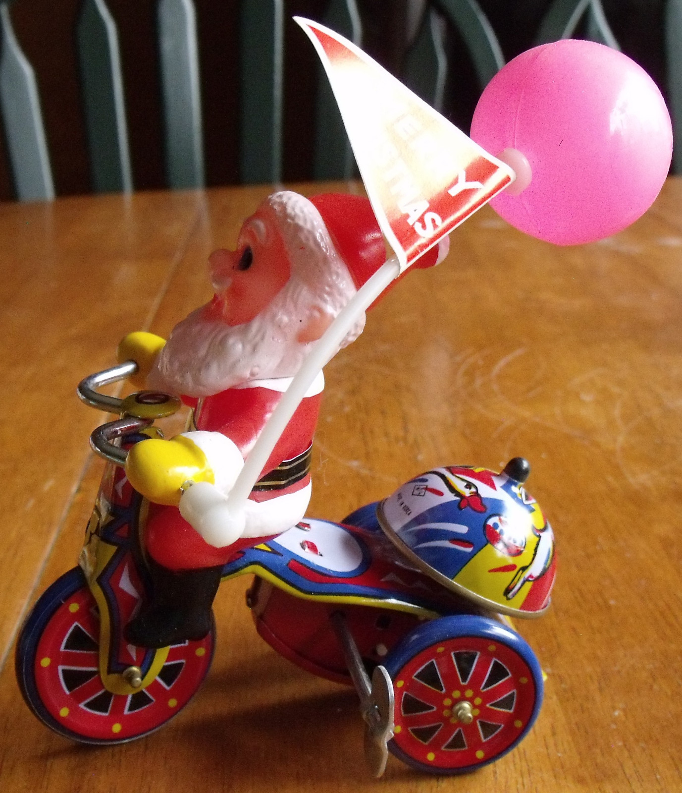 Vintage Tin Wind Up Mechanical Santa Tricycle with Box  Ex Cond