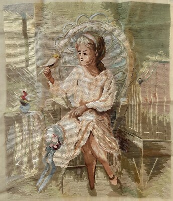 Tramme Needlepoint Kit: Girl on Balcony w/Bird, face/arms/legs Petit Point