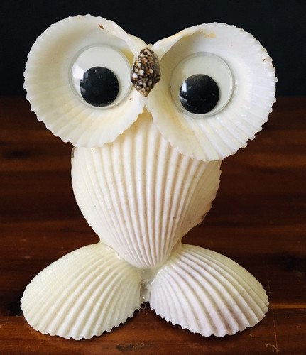 Vintage Folk Art Sea Shell Figure Lot Owl & Clown Googly Eyes