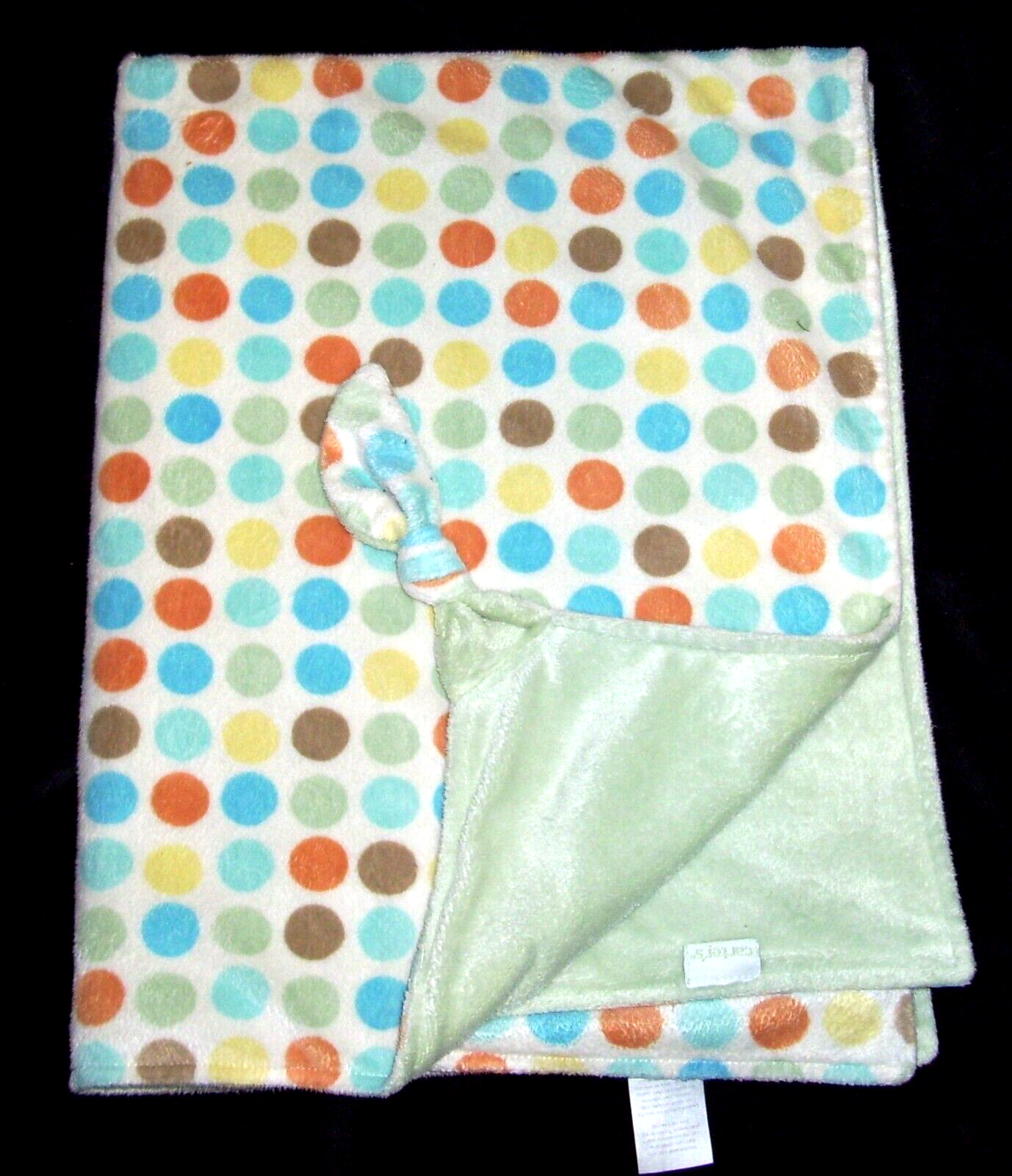 Carters Blue Tan Green Orange Yellow Polka Dot Knotted Corner Minky Baby Blanket