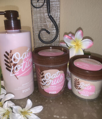 Victoria s Secret PINK Oat Lotion ~ Oat Clay Mask -Body Scrub ~ New Set Of 3
