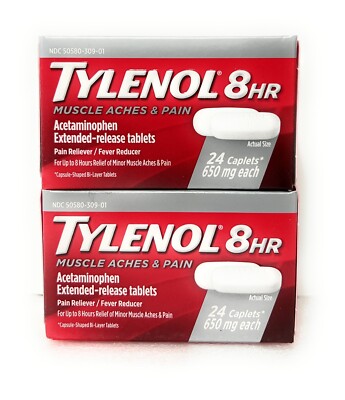 LOT x 2 Tylenol 8 Hour Muscle Aches & Pain Acetaminophen 24 Caplets, EXP 08/2025