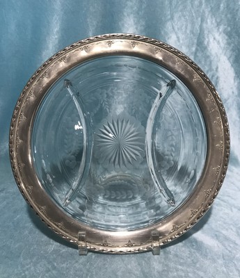 Sterling and Glass Vintage Signed Sterling Circa Modernist Kitchen Rimmed Glass Coasters Service Plate with Sterling Rim Hollowware HST