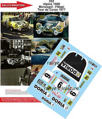 DECALS 1/24 REF 552 ALPINE RENAULT A110 MANZAGOL TOUR DE CORSE 1977 RALLY RALLYE