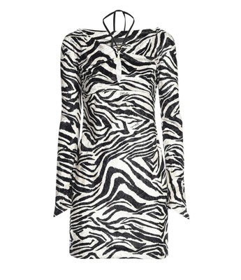 Pre-owned Just Cavalli Zebra-printed Long-sleeved Dress In Black