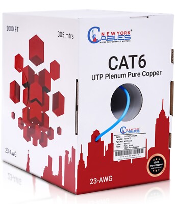 CAT6 Plenum (CMP) 1000ft Solid Copper 550MHz 23AWG UTP Bulk Ethernet Cable Blue