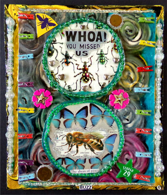 Bees, Butterflies, Bugs, Whoa! Handmade Mixed Media Art Collage Painting On Wood