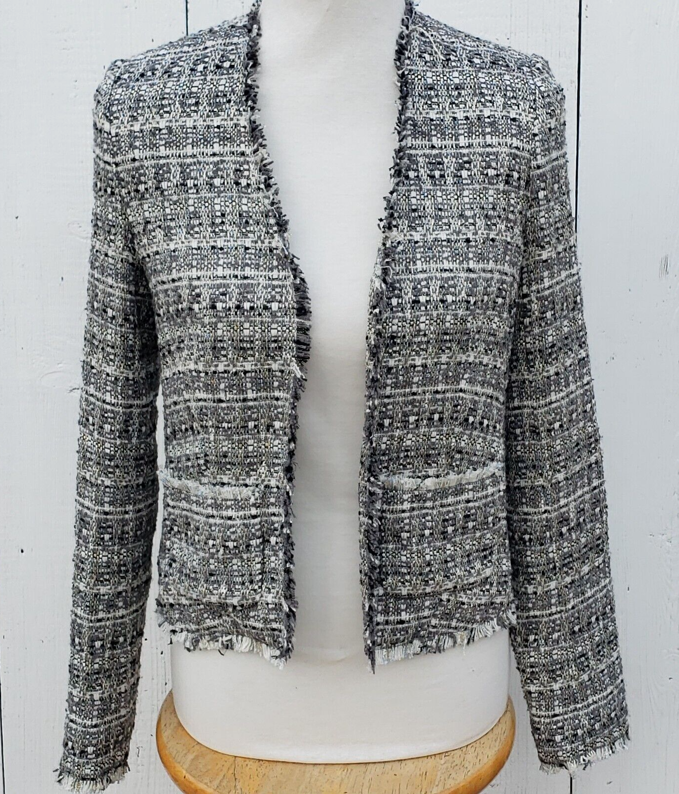 $795 L'agence Angelina Metallic Tweed Blazer Jacket Woven